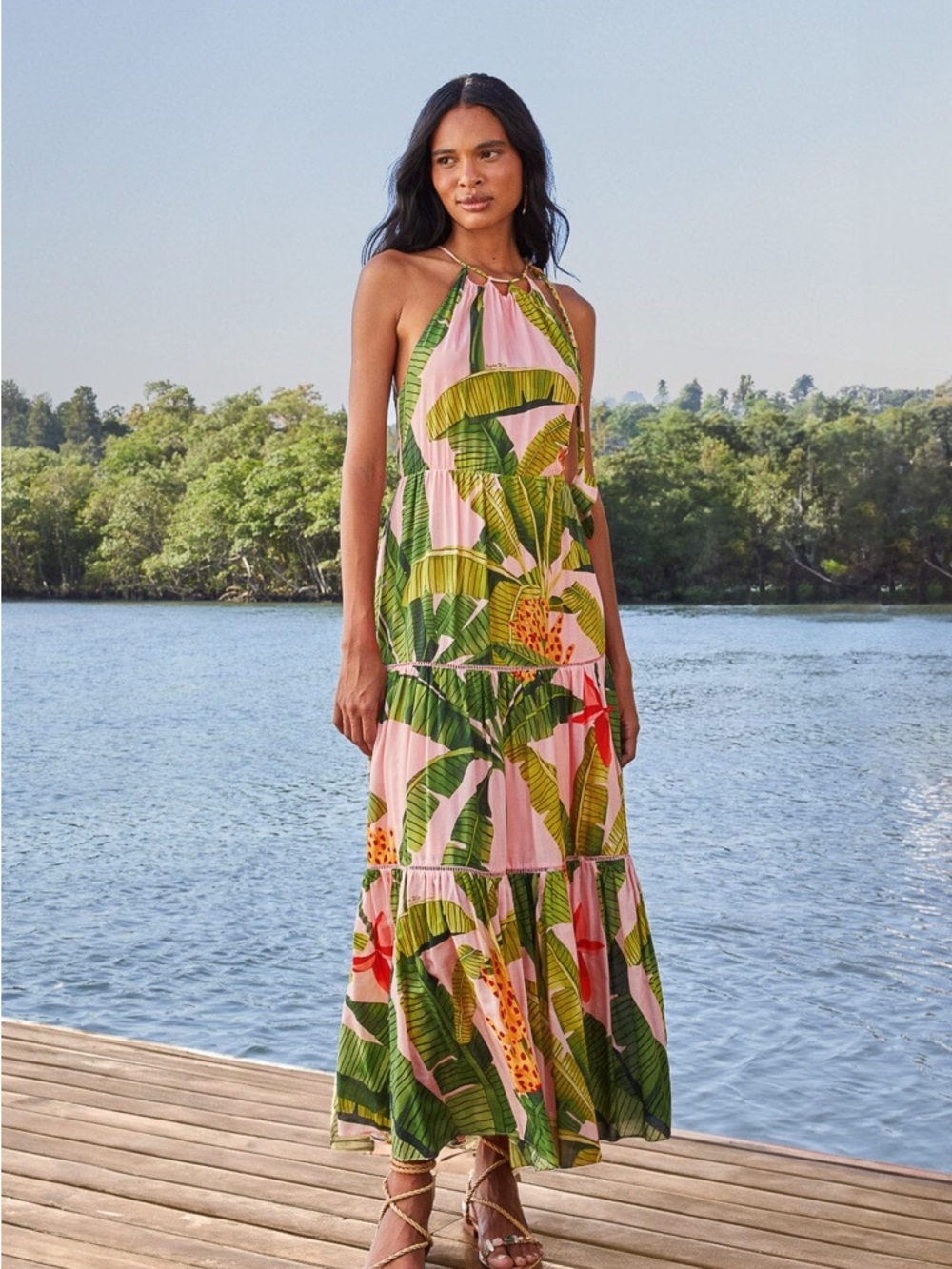 FARM Rio Tropical Pink Maxi Dress with Green Leaf Print Size Medium - Picture 2 of 16
